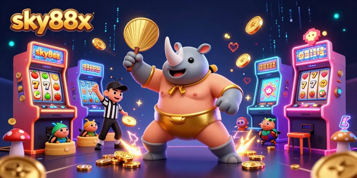 Engage with sky88x's animated slots scene, featuring beetle champions and vibrant game elements.