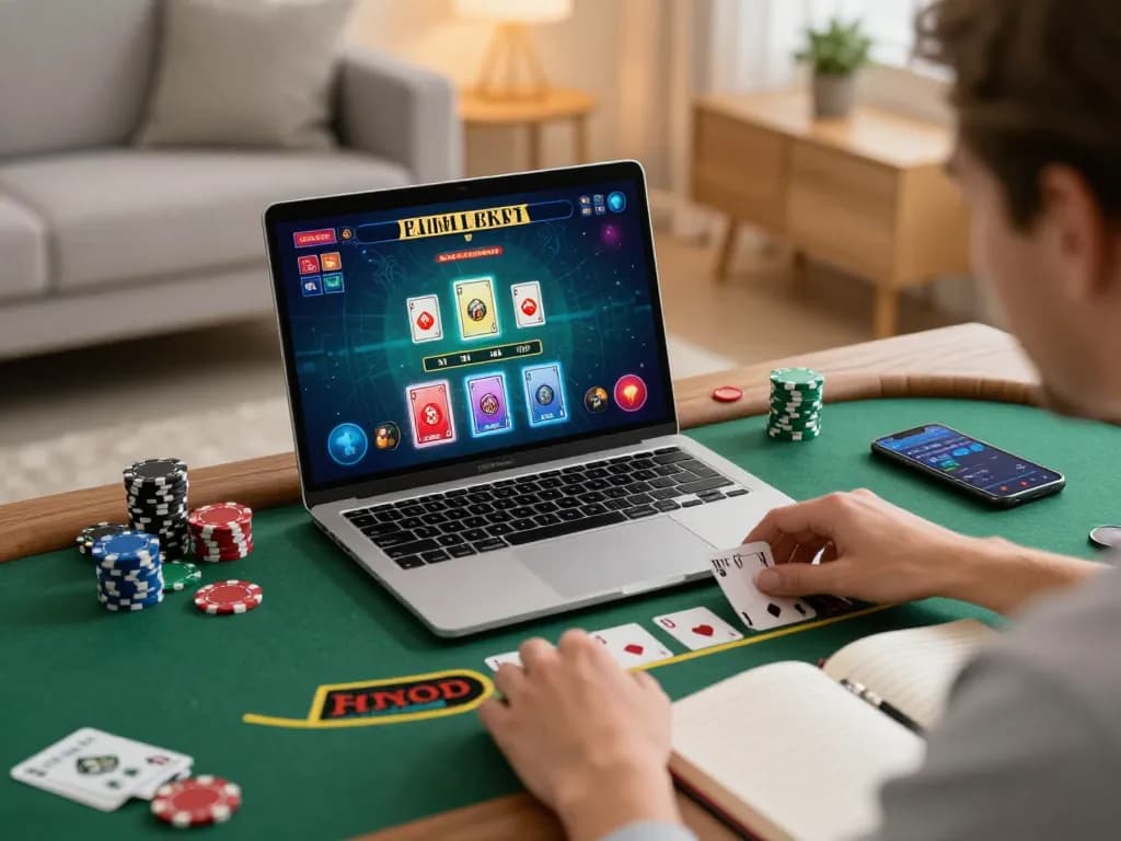Player engaging in a live dealer blackjack game on cm88 laptop, showcasing strategic betting in a cozy home setting