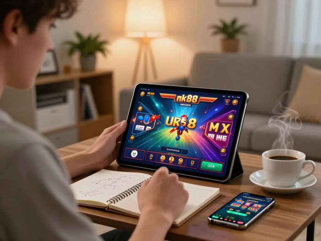 Engaged user playing nk88 online casino on tablet in cozy living room setting.