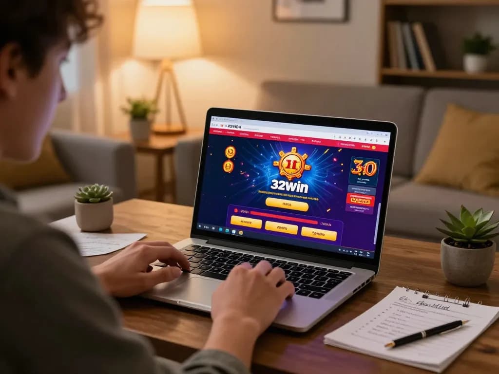 32win player strategizing online gambling in a cozy home setup with notes and laptop.