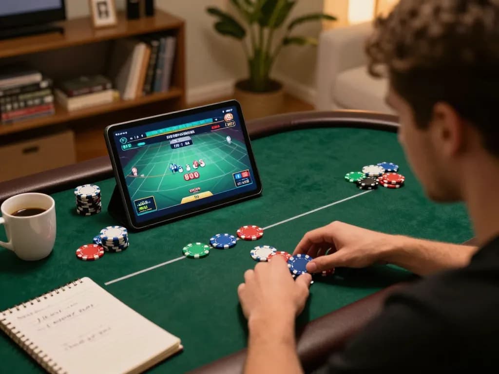 KJC online gaming session showcasing a player engaged in a live poker game on a tablet, emphasizing strategic gameplay