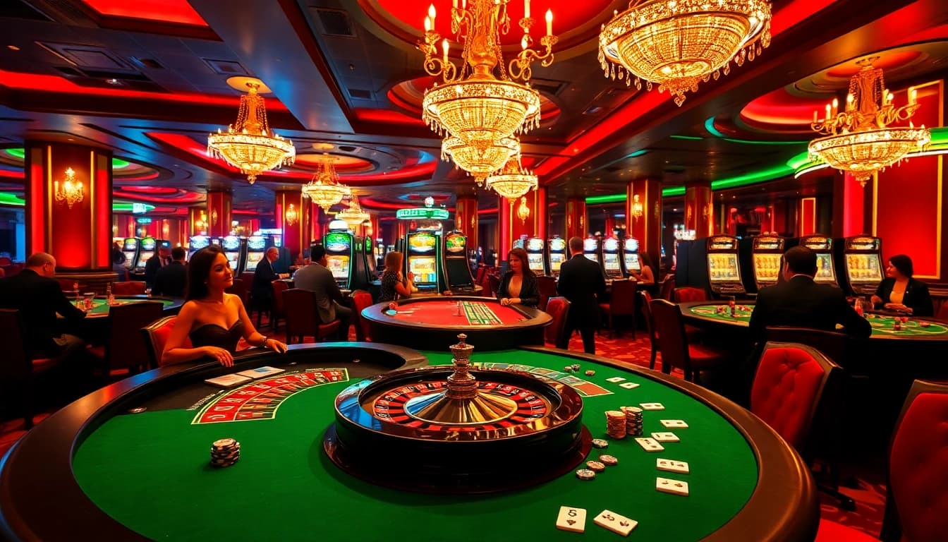 Gambling excitement at a SODO-themed casino with vivid tables and slot machines