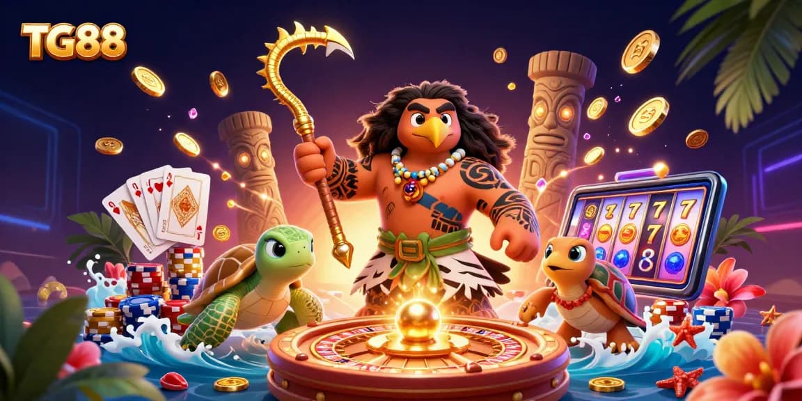 Experience exciting gameplay at TG88 with vibrant 3D characters showcasing casino elements and gold coins.
