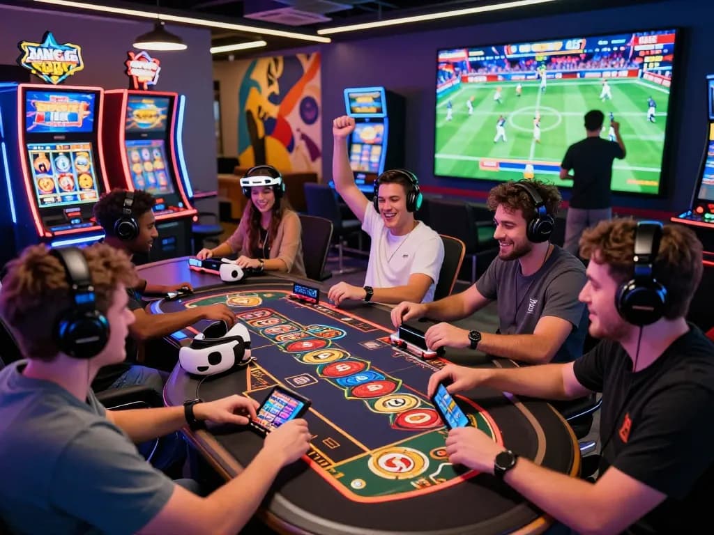A lively gaming environment at QE8.BEER where players enjoy casino games and sports betting, capturing the excitement of online entertainment.