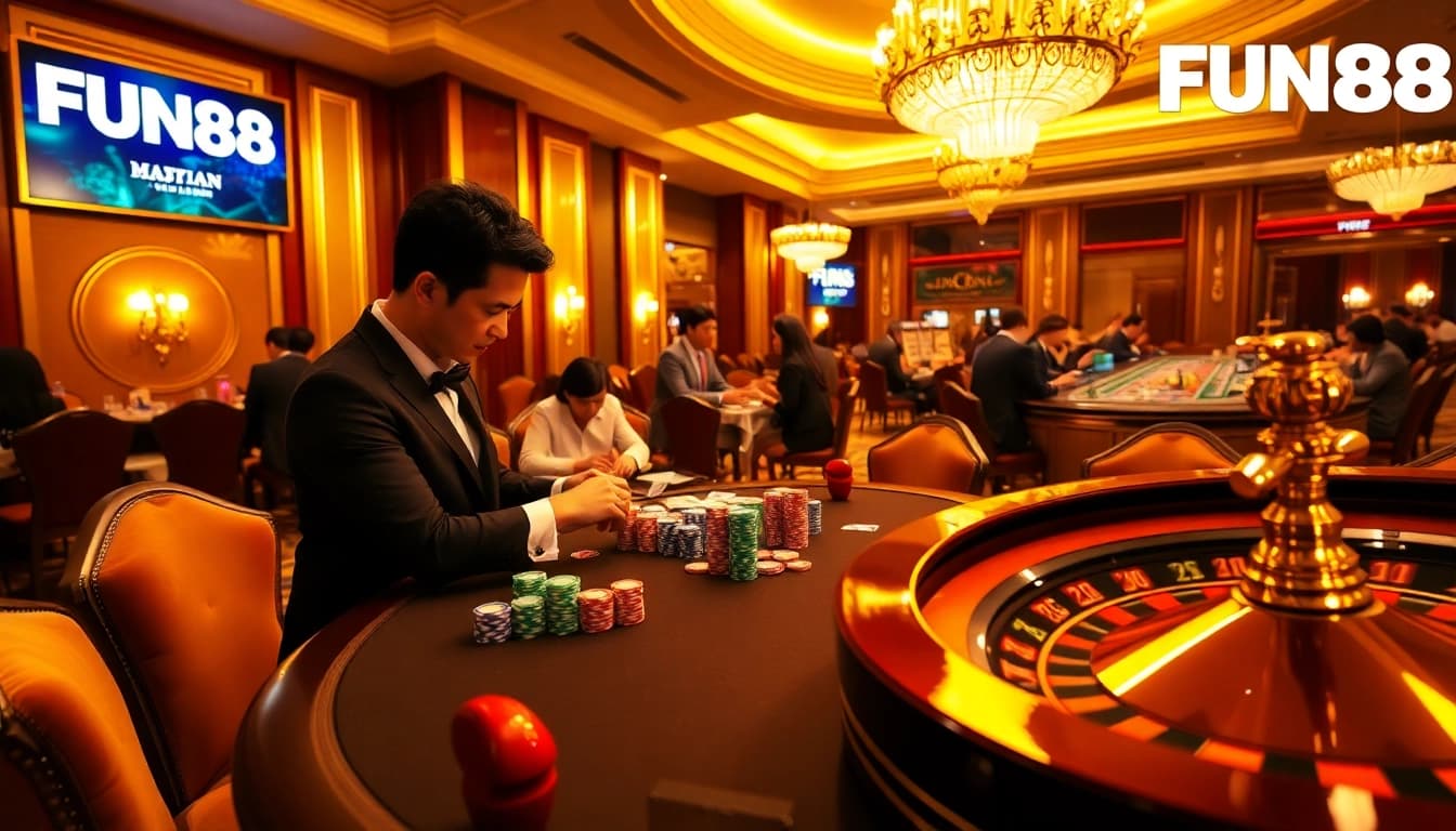 Players enjoying poker and roulette in a FUN88 branded casino atmosphere, showcasing excitement and engagement.