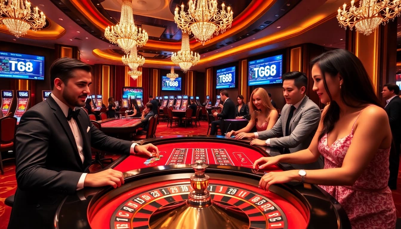 Players enjoying a thrilling game at TG88 casino tables surrounded by luxurious decor.