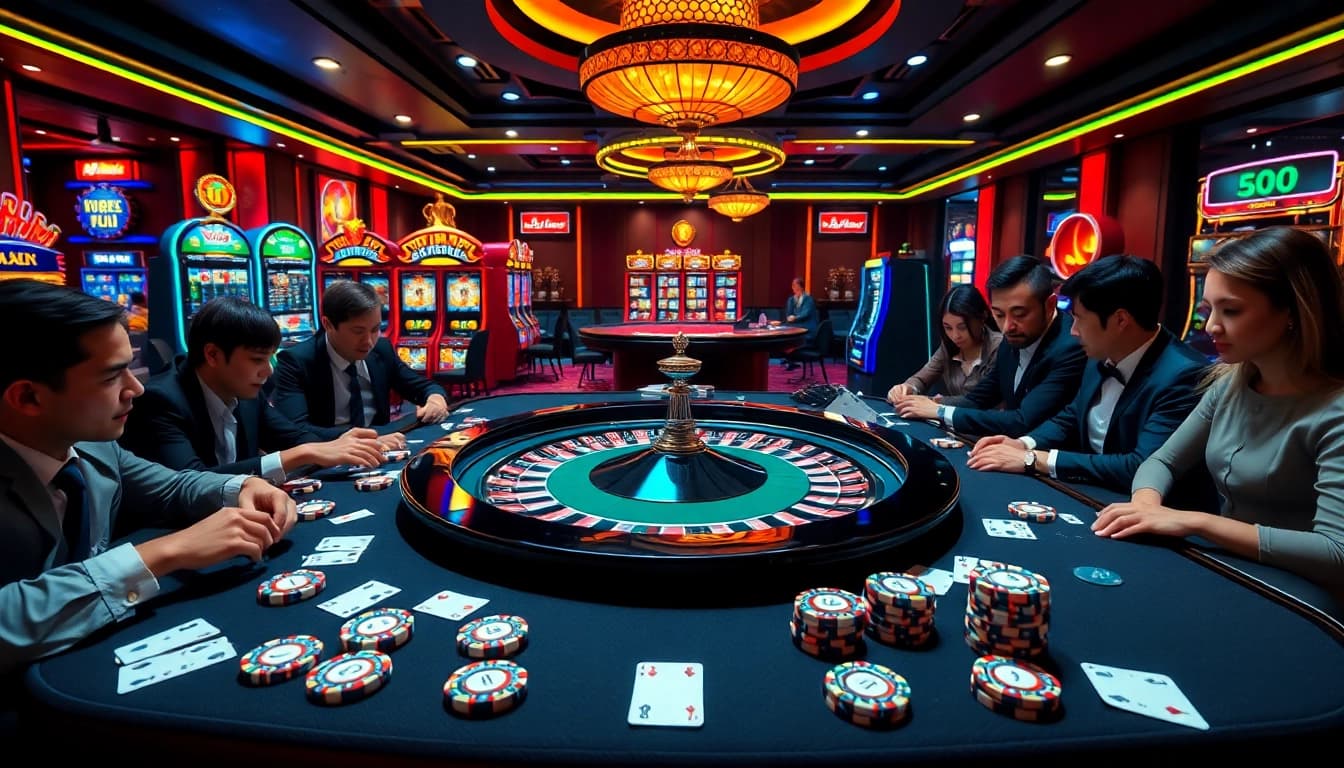 Engage in thrilling games at Sumclub's luxurious casino with vibrant roulette and branded slot machines.