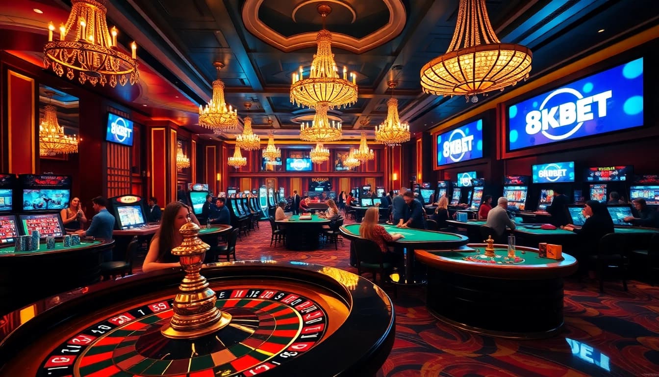 Experience the excitement of a luxury casino environment featuring 8KBET, roulette tables, and vibrant gaming action.
