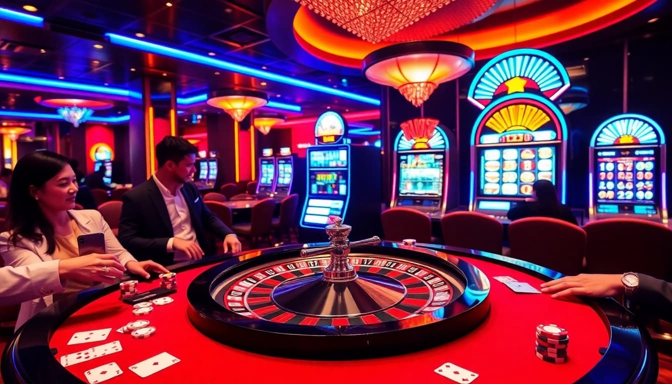Kuwin gamblers excitedly betting at a luxurious roulette table in a vibrant casino.