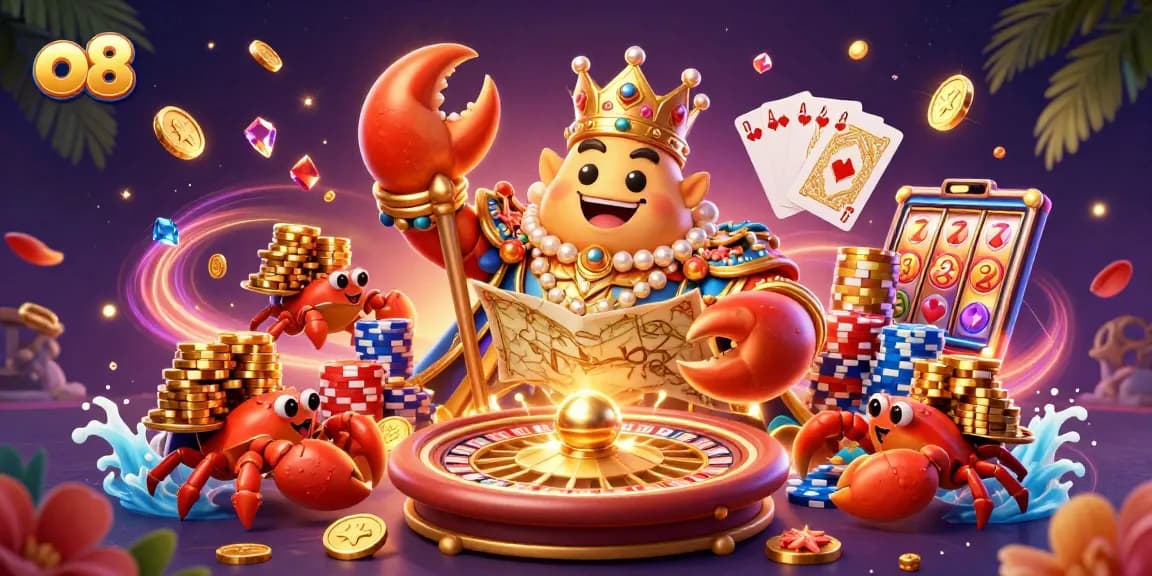 Experience thrilling gameplay at o8 with the golden crab emperor surrounded by gems and casino elements.