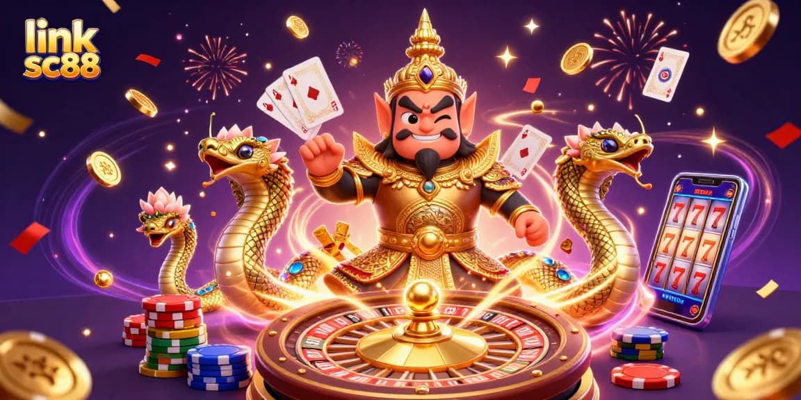 Engage with exciting games at link sc88, featuring a vibrant 3D casino scene with golden coins and cards.
