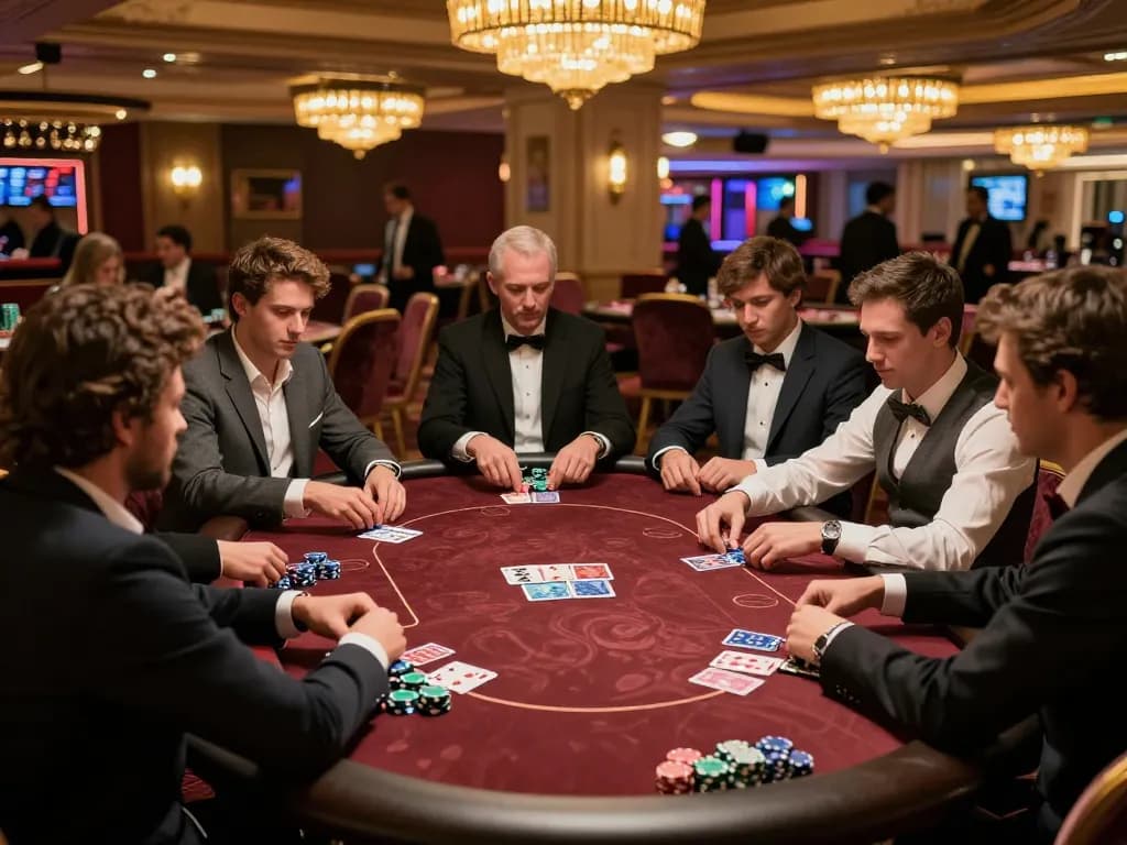 fly88 players engaged in a strategic poker game at a luxurious casino VIP table