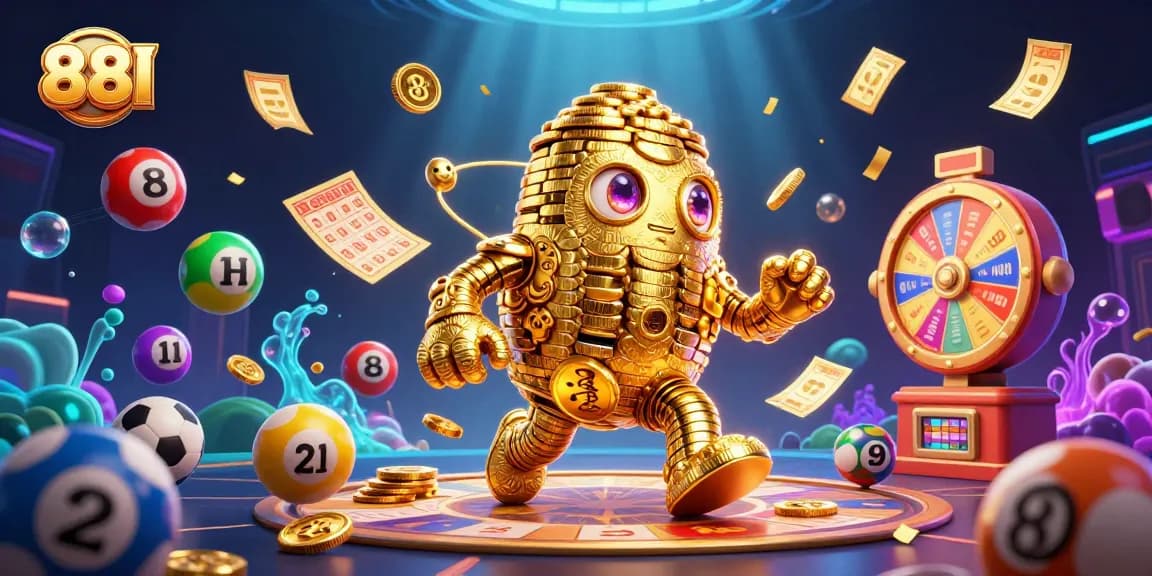 Engage in thrilling gameplay with 88I as colorful lottery balls and gold coins promise big wins.
