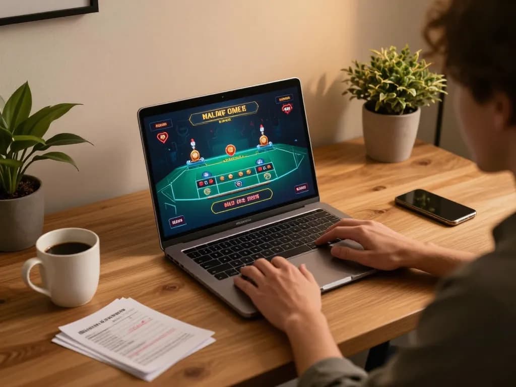 Engaged player enjoying HI88 live dealer games on laptop in cozy home setup.