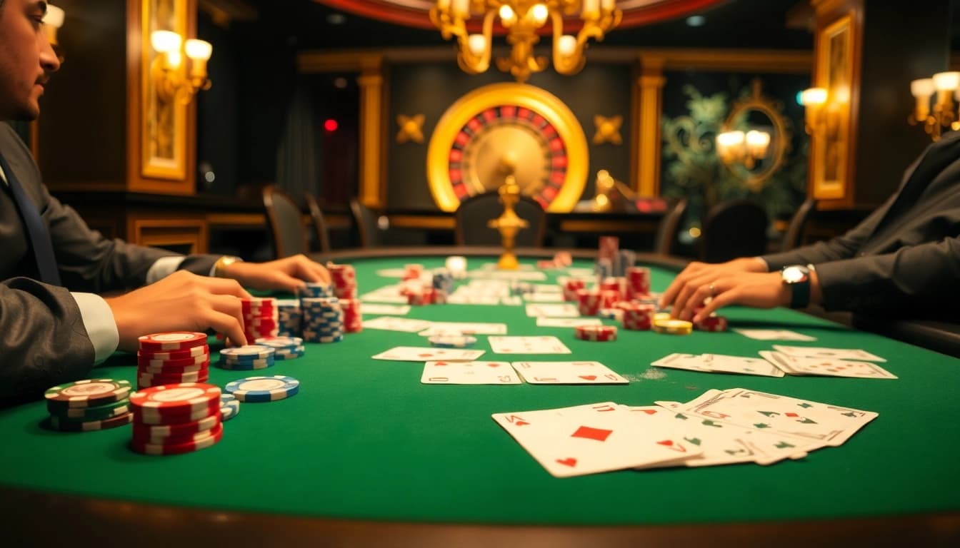 Experience the excitement of chotruyen at a luxurious casino table, featuring vibrant poker chips and action-packed gameplay.