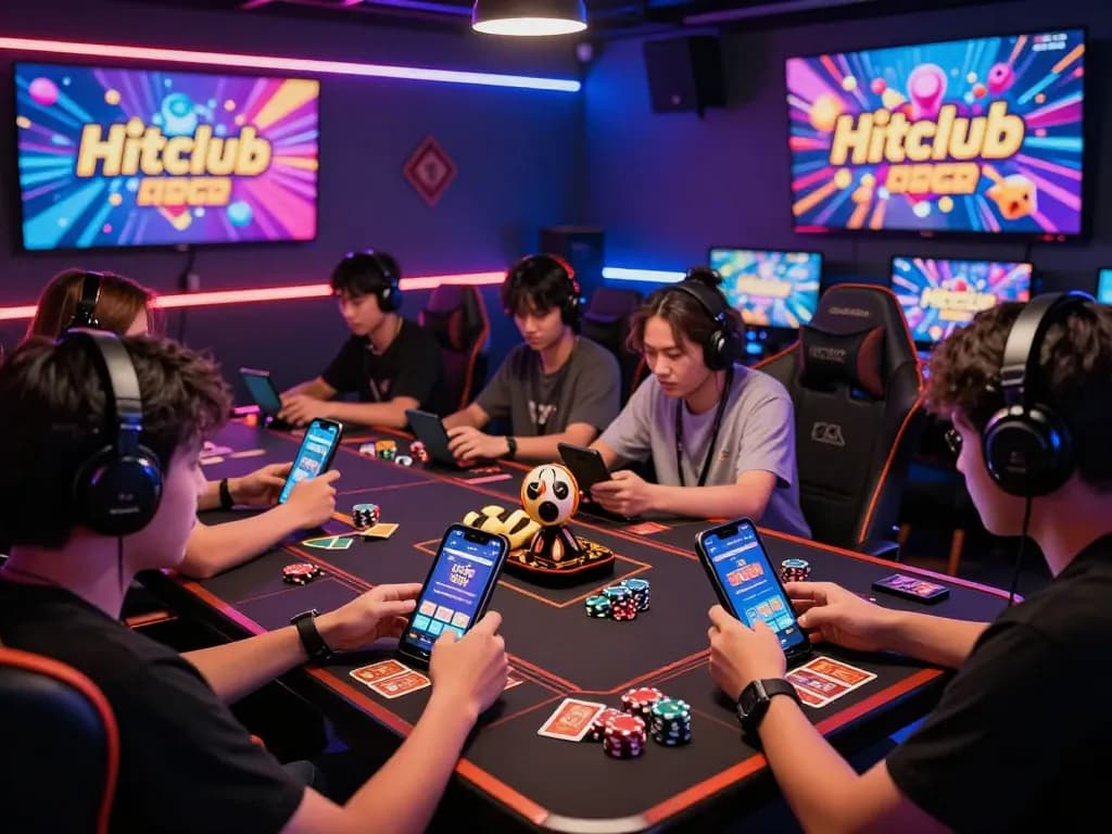 Exciting gaming room with players enjoying the Hitclub app, showcasing the vibrant gaming experience while tải game hitclub.