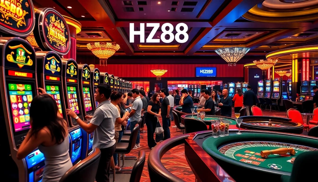 Exciting scene of players enjoying vivid slot machines at HZ88 casino, with vibrant colors and luxury décor.