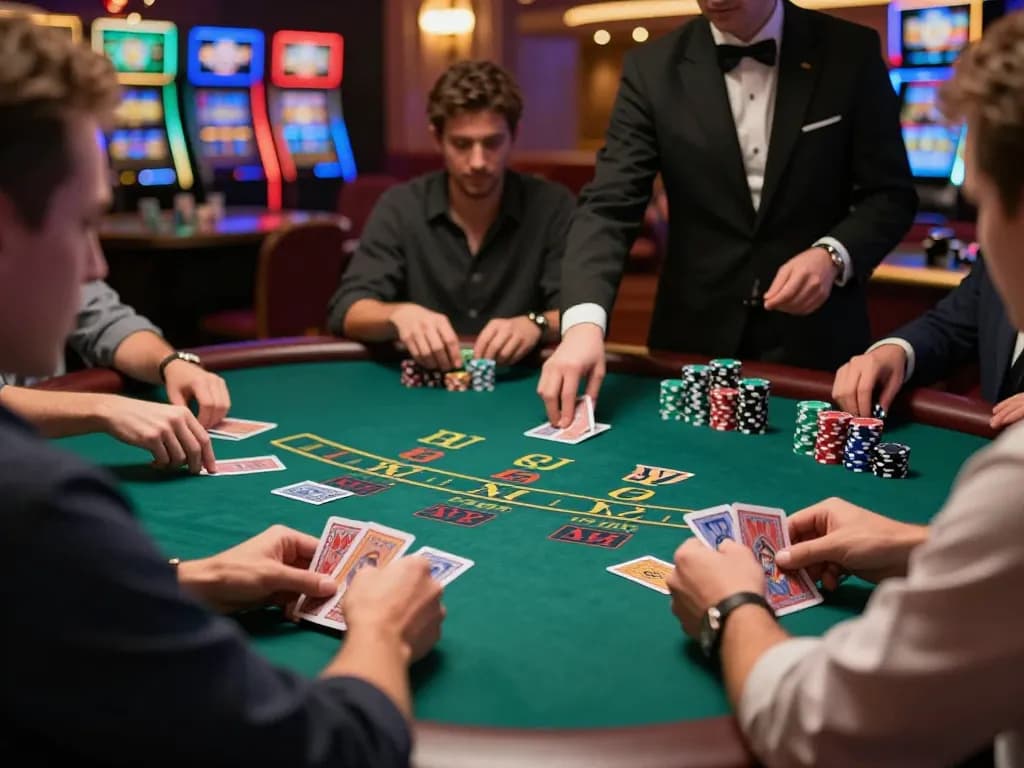 Players strategizing at a blackjack table, intense S666 gaming atmosphere with chips and cards.