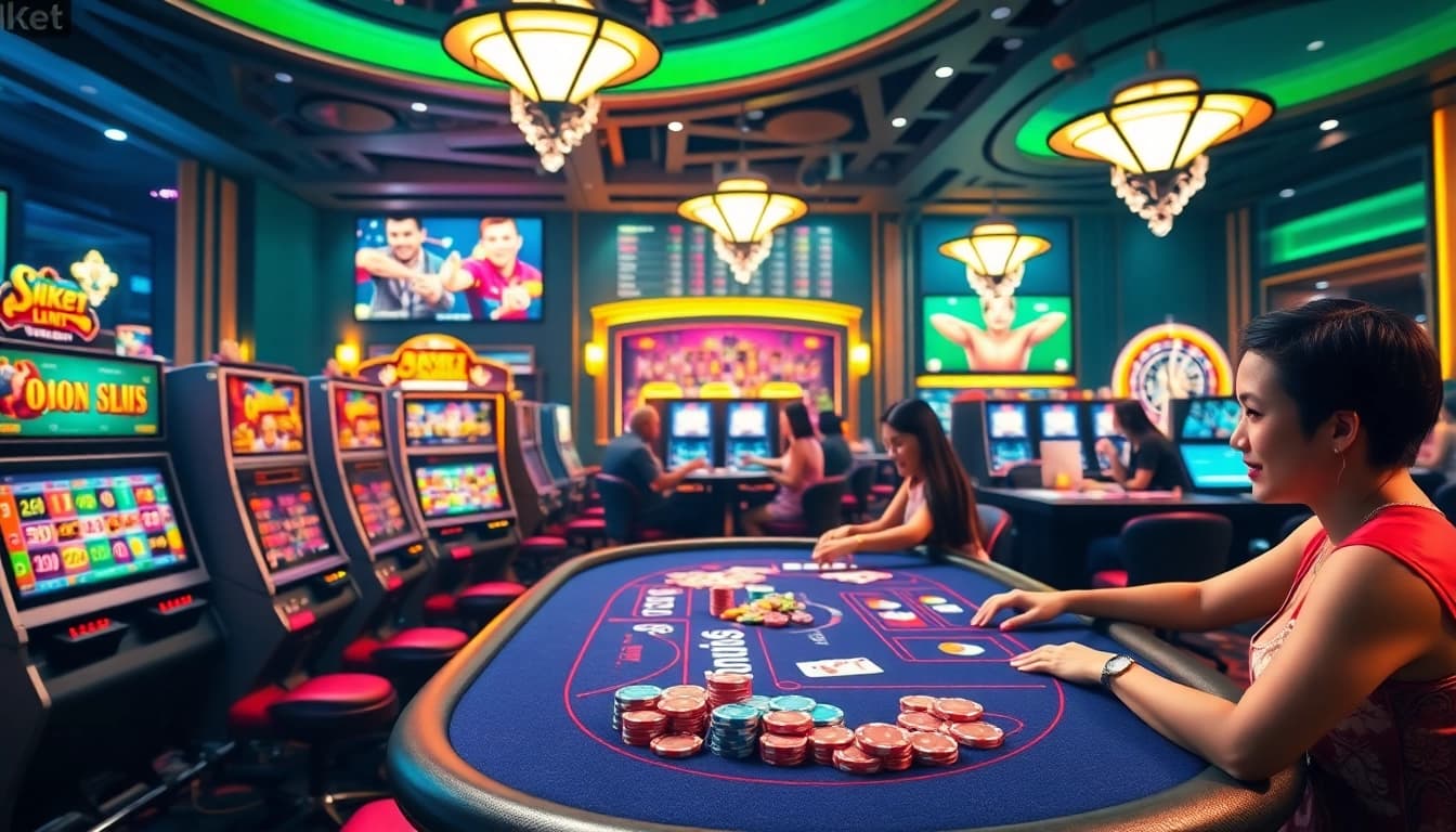 Experience the thrill of gambling at 8kbet with vibrant casino visuals featuring slot machines and poker tables.