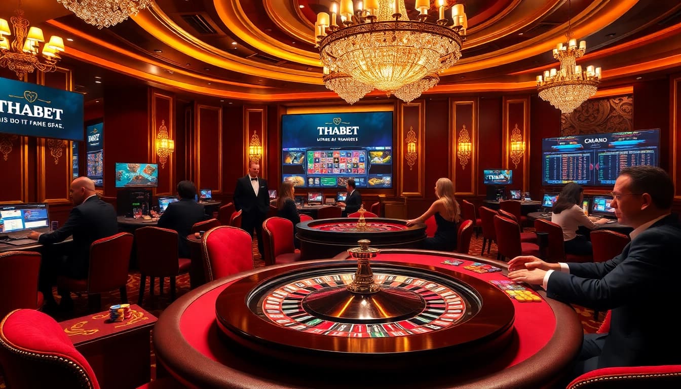 Gamblers at a luxurious casino table with promotions for https://thabethome.com/ showcasing excitement and engagement.