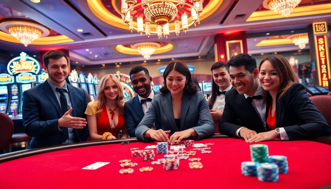 Mubet poker players engaging in a thrilling high-stakes game with colorful chips and cards.