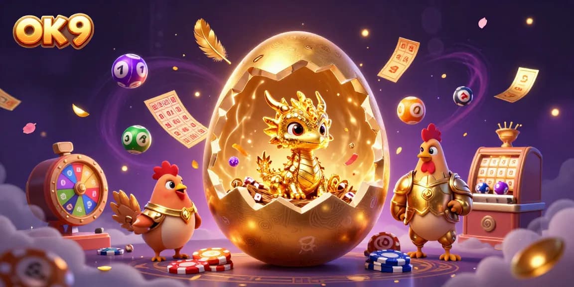 Engage with OK 9's vibrant gaming scene featuring a golden dragon, poker chips, and dynamic lottery elements.