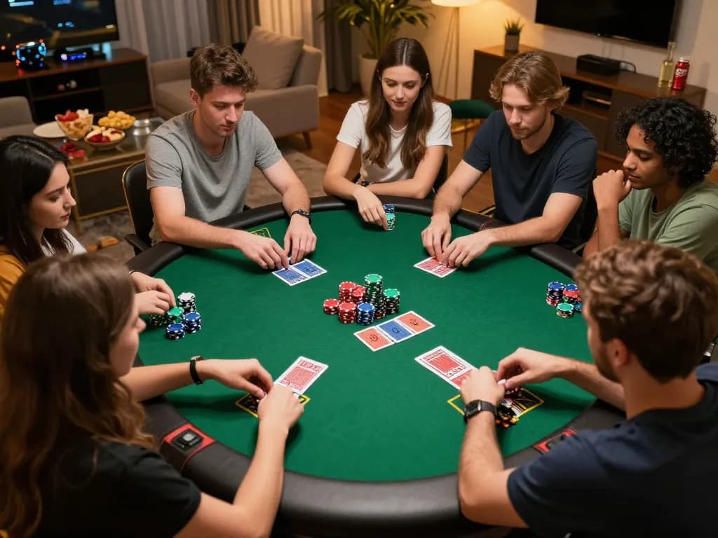 Engaged players strategize during intense poker session at https://v788.biz/ with vibrant chips and cards.