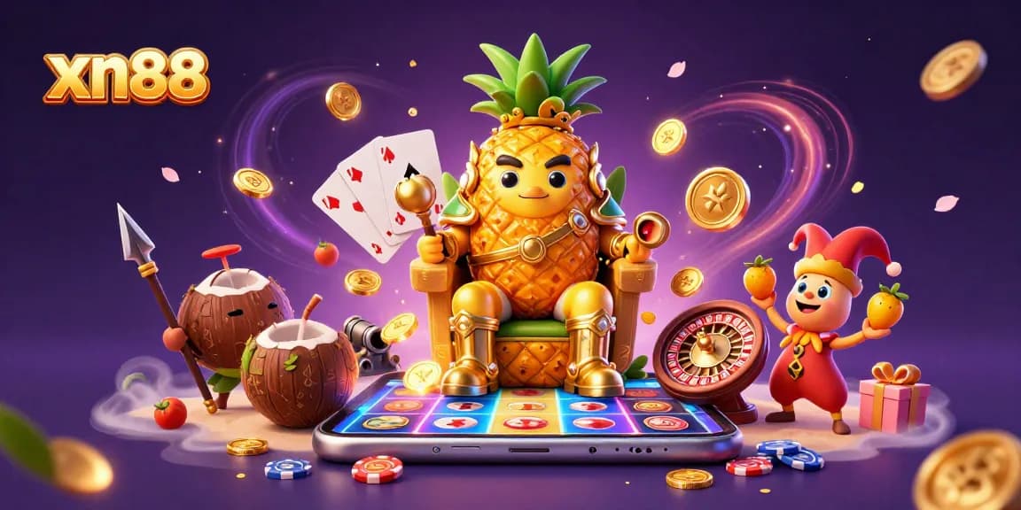Spin to win with xn88's vibrant casino-themed illustration featuring a golden pineapple king.