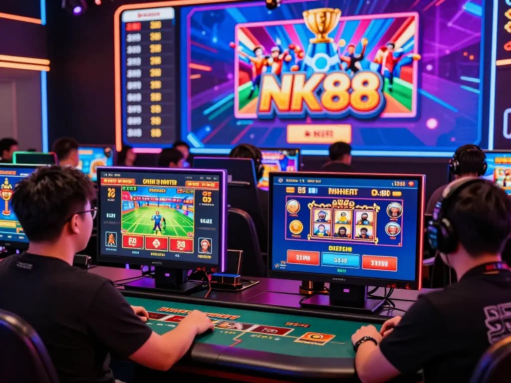 NK88 win gaming scene showcasing players enjoying diverse online casino games and promotions in an engaging environment.