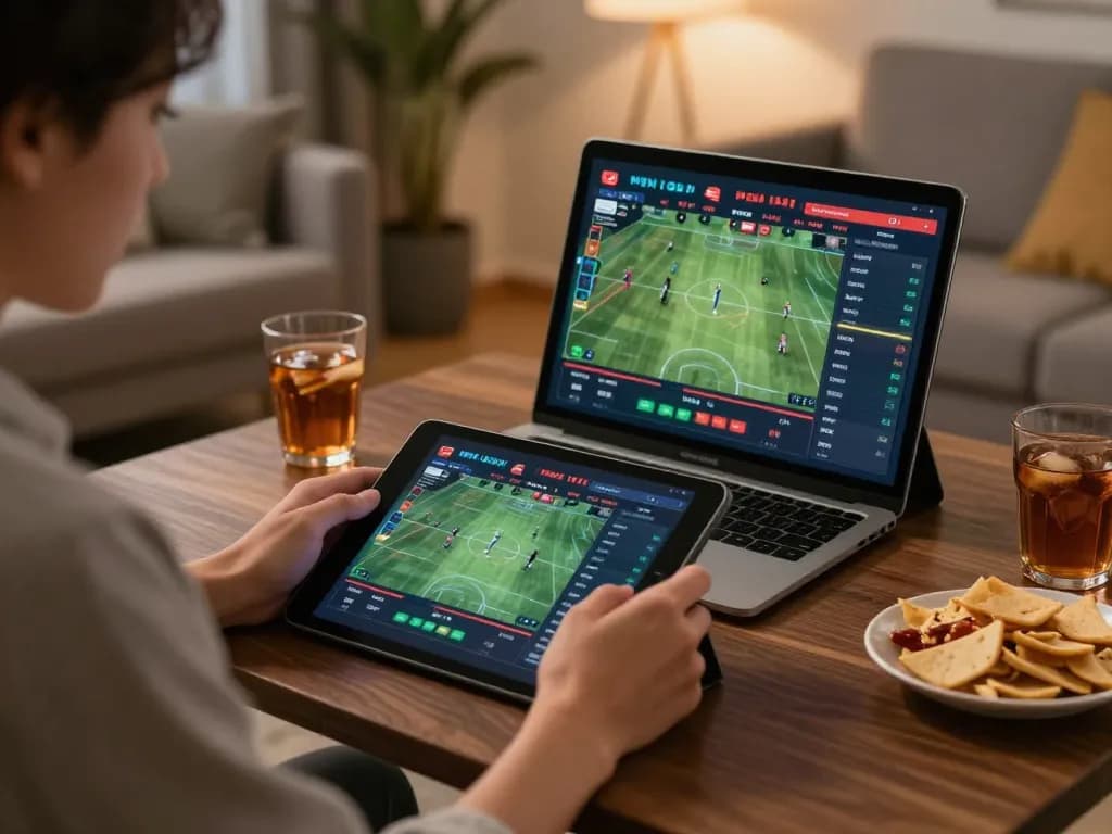 Engaging sports betting experience on nk88 tablet at home, showcasing live game odds and enjoyment.