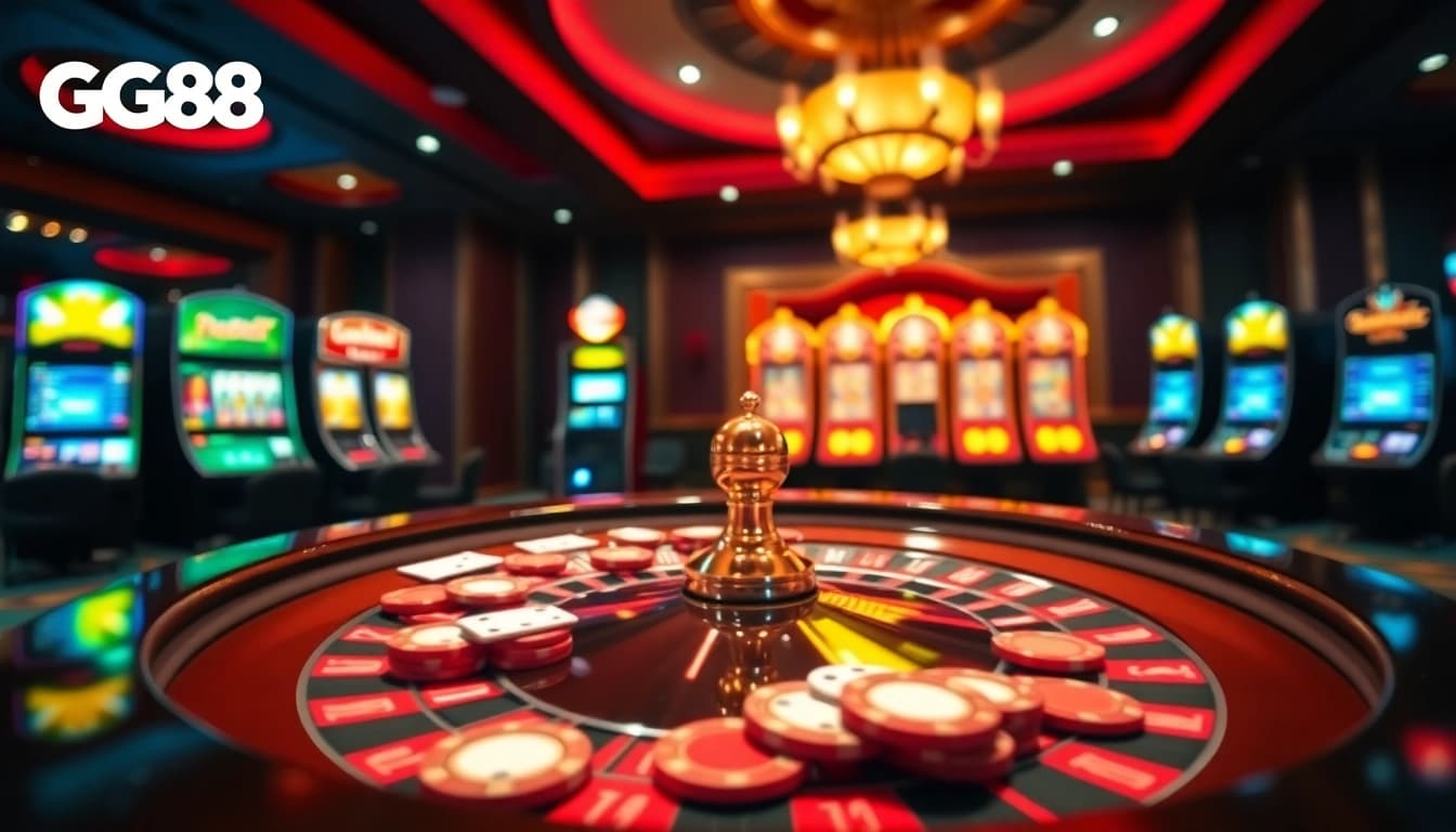 Experience excitement at GG88.biz with vibrant casino visuals of roulette, poker chips, and slot machines.
