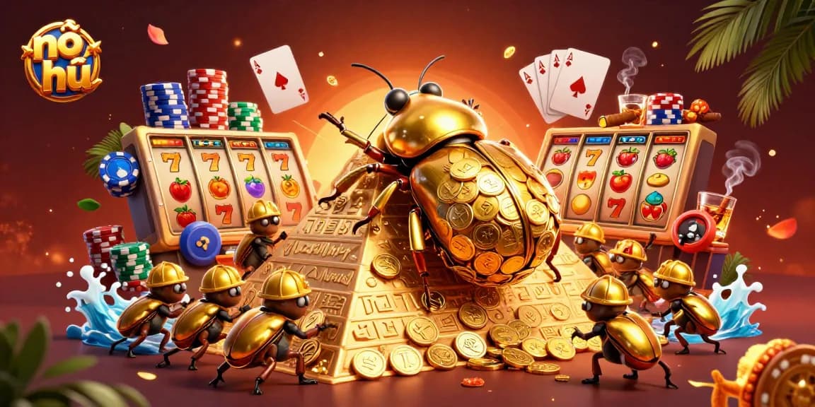 Experience nổ hũ excitement with a 3D golden beetle scene filled with jackpot symbols and poker elements.