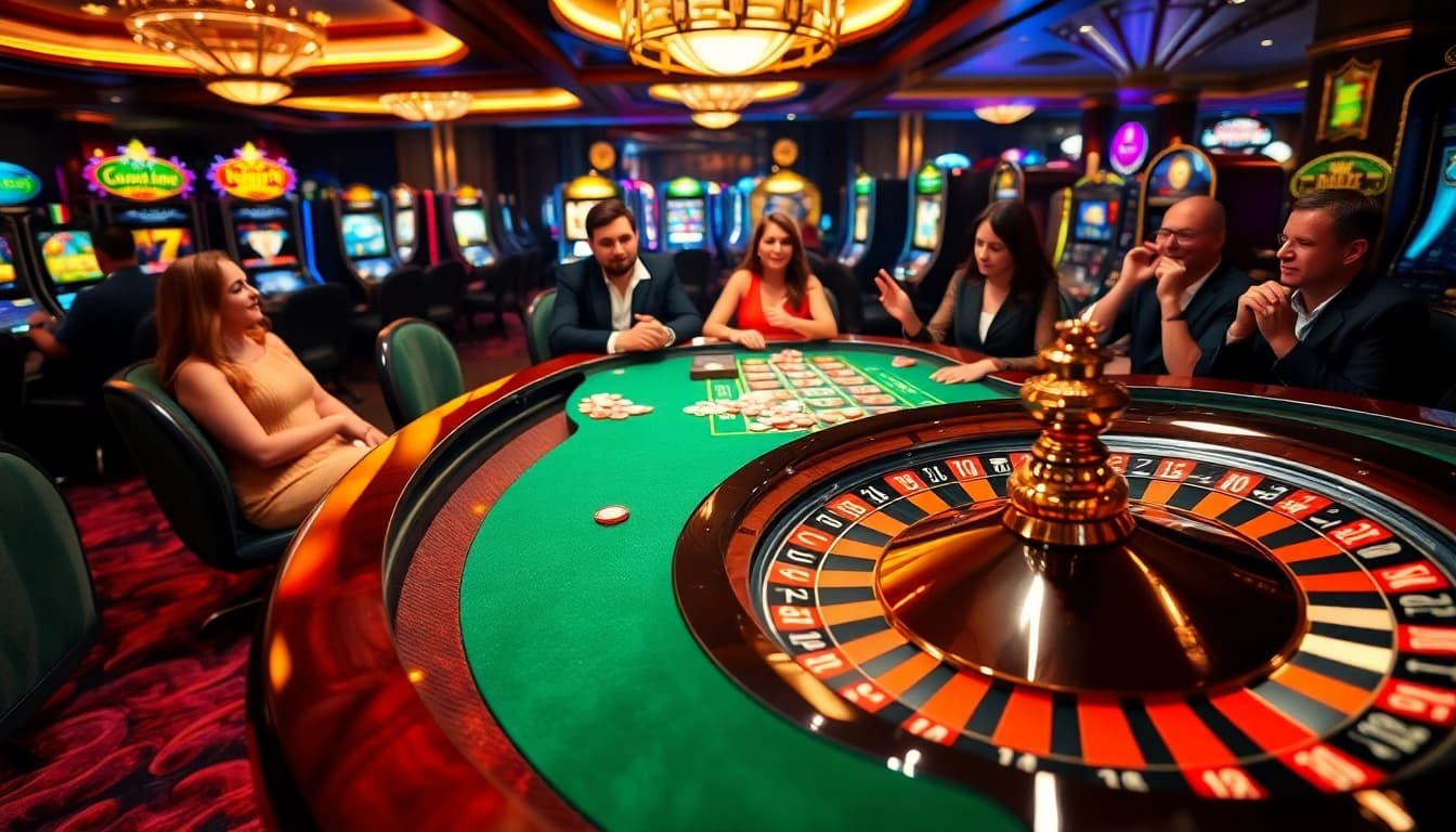 Experience thrilling gameplay at https://888vina.com/ with an exciting casino scene showcasing roulette and players.