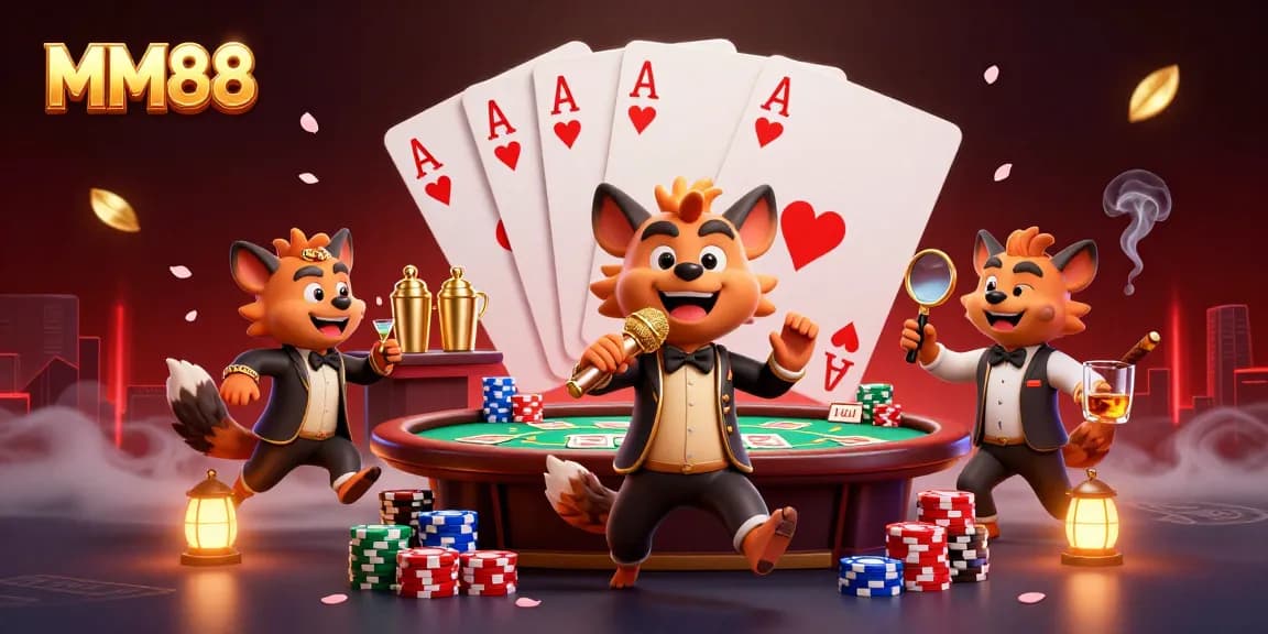 Engage in the vibrant MM88 casino scene with hyena comedians, bartenders, and bouncers surrounded by poker and gaming elements.