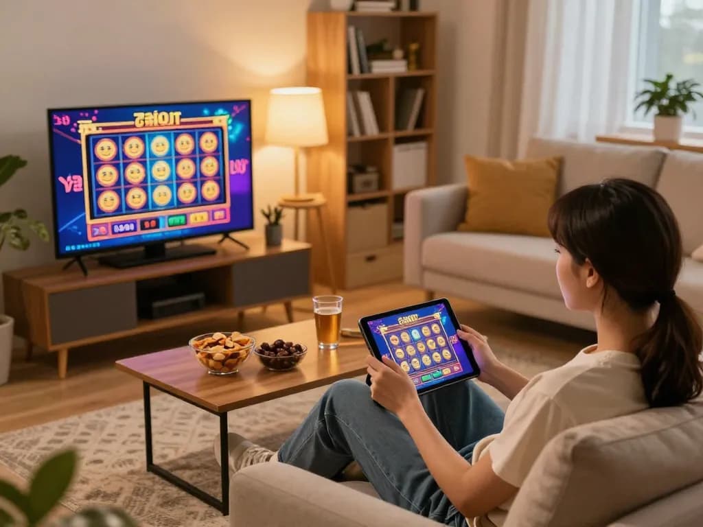 Player enjoying an exciting slot machine game on 789Club, cozy home setting with snacks and tablet.