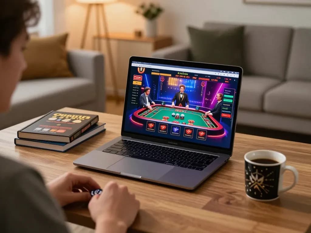 Engaging in online casino gameplay with Sunwin on a cozy laptop setup, featuring a live dealer and vibrant interface