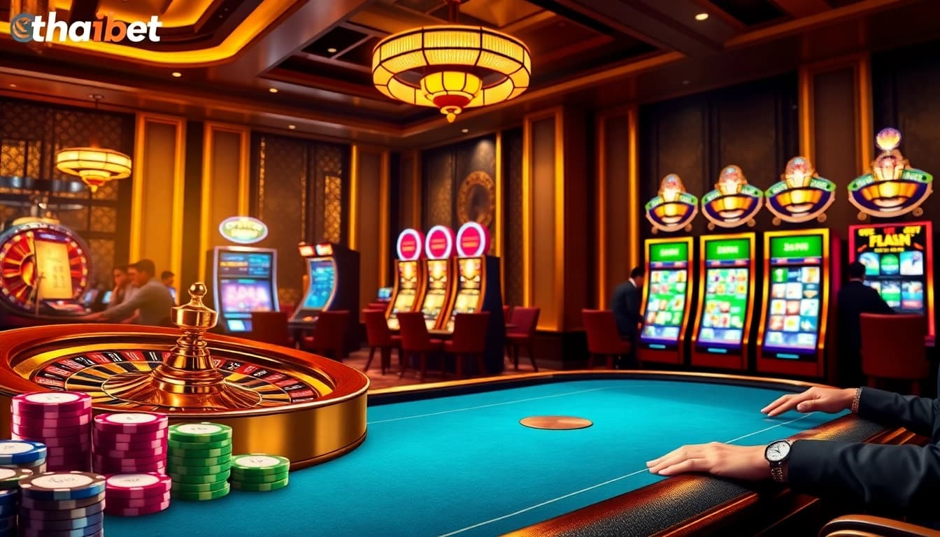 Experience the thrilling ambiance of thabet.com, featuring poker tables, roulette wheels, and engaging slot machines.