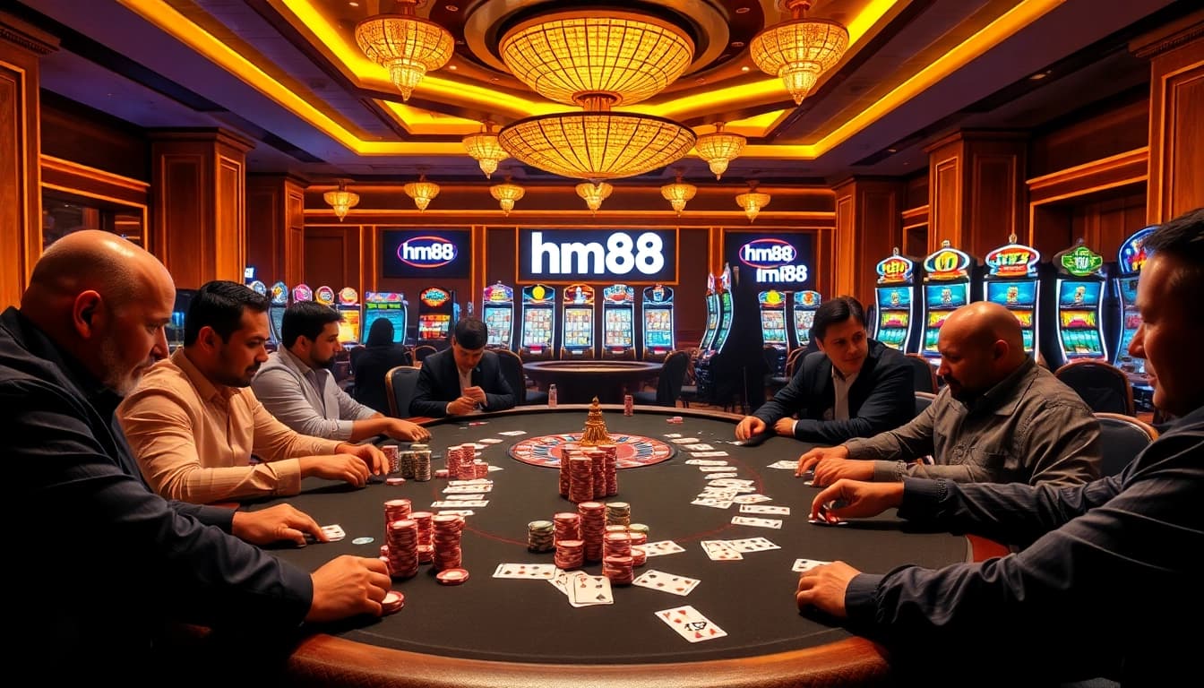 High-stakes poker action at a luxurious table with hm88 branding, vibrant chips, and intense focus.