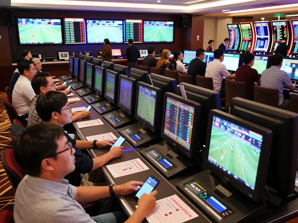 Excited bettors engaging in kèo nhà cái at a lively sports betting event with screens showing live games
