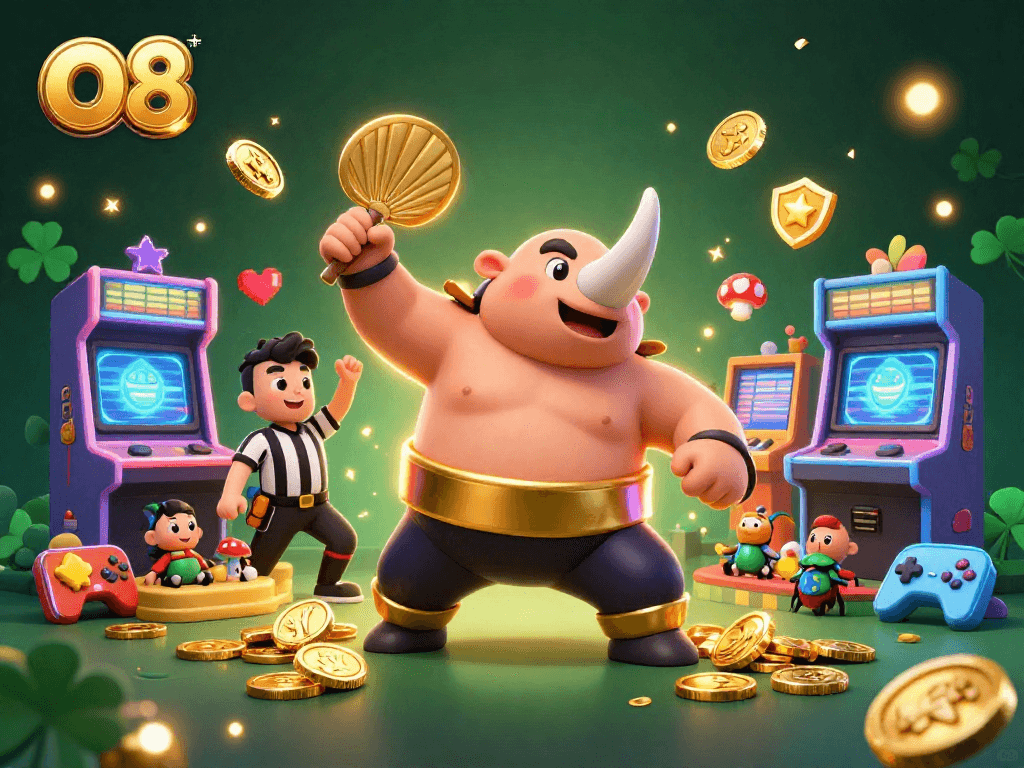 O8 illustrates the thrilling atmosphere of a gaming showdown with vibrant characters and casino elements.