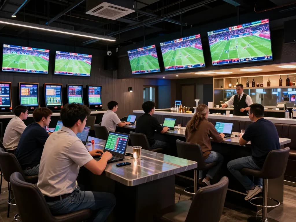 Engaged bettors analyzing odds at okking sports lounge, vibrant atmosphere, strategic betting moment