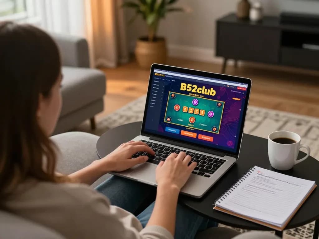 B52club user engages in online poker strategy at home with dynamic interface and cozy atmosphere.