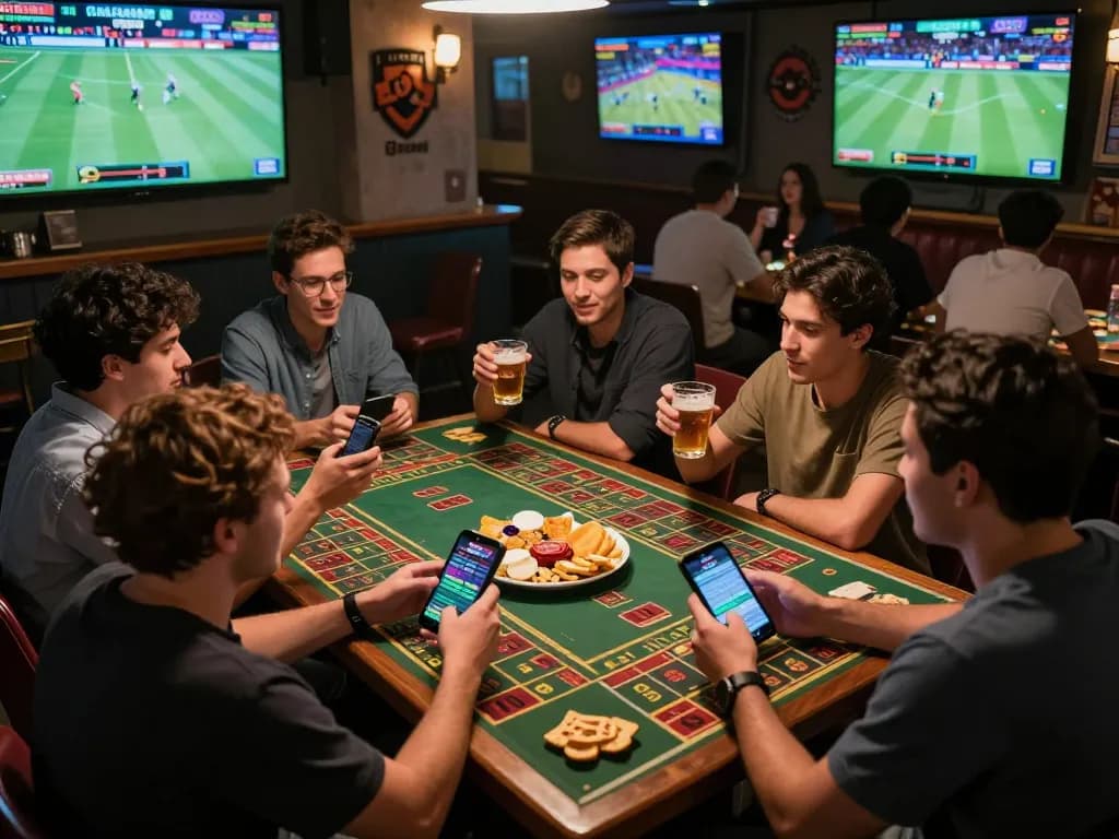 Friends placing bets on sports games at GOOD88 with devices and drinks in a lively atmosphere.
