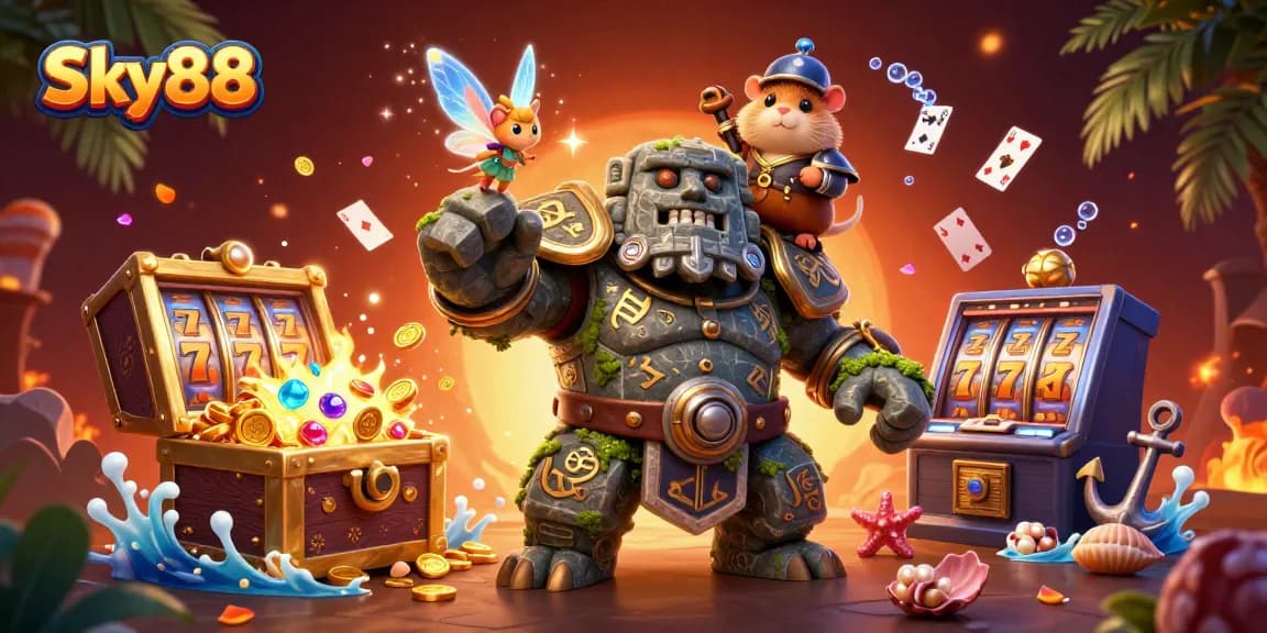 Experience thrilling gameplay at Sky88 with cartoon characters in a vibrant casino setting.