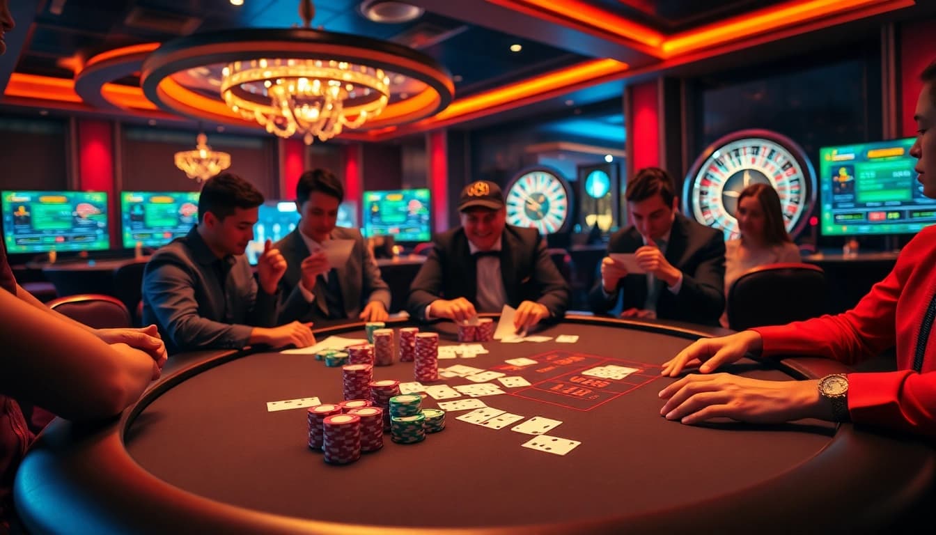 Engaging gamblers with tỷ lệ kèo nhà cái 5 at a vibrant poker table in a luxury casino.