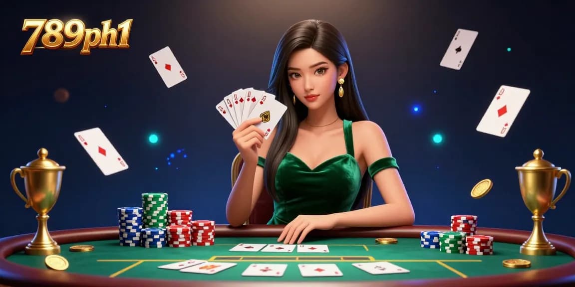 Engage with 789ph1 casino action featuring a stunning woman at a poker table, surrounded by dynamic game elements.