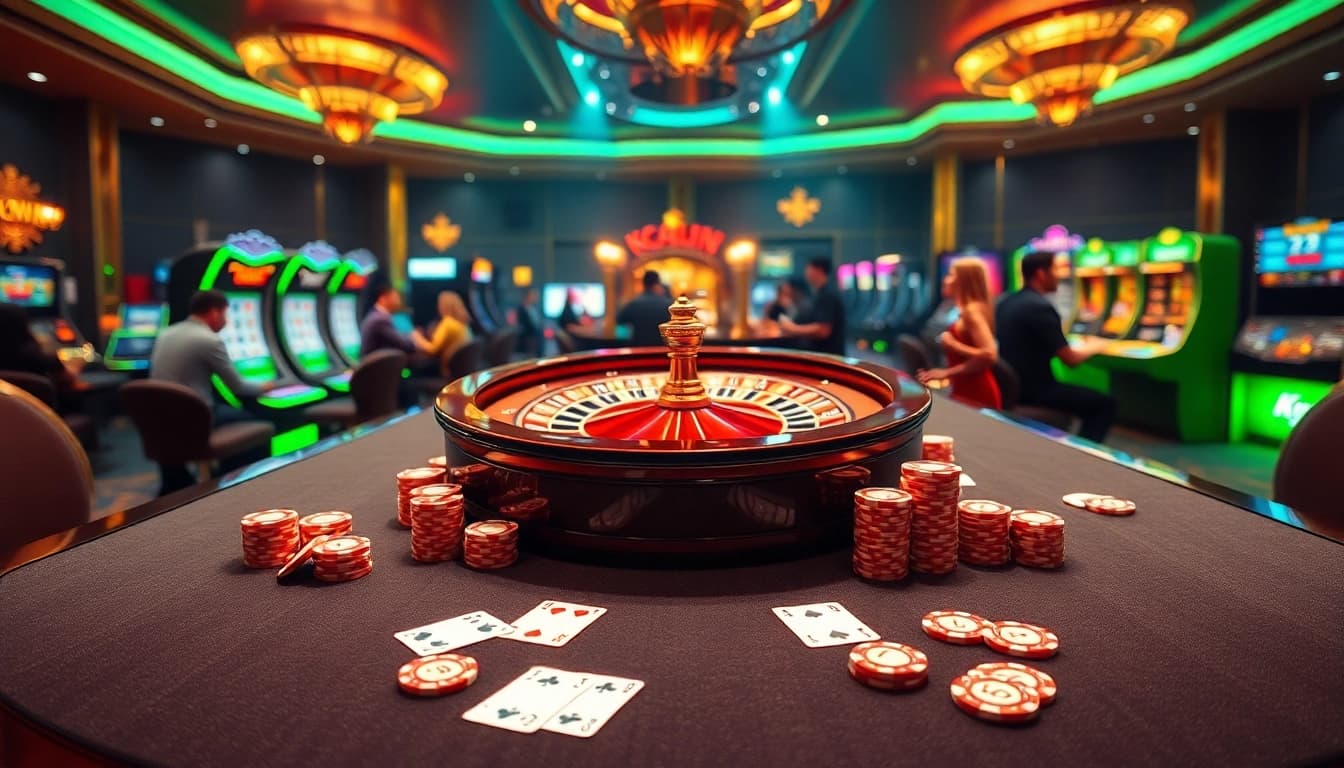 Engaging players at the kkwin casino table with vibrant poker chips and exciting roulette action.