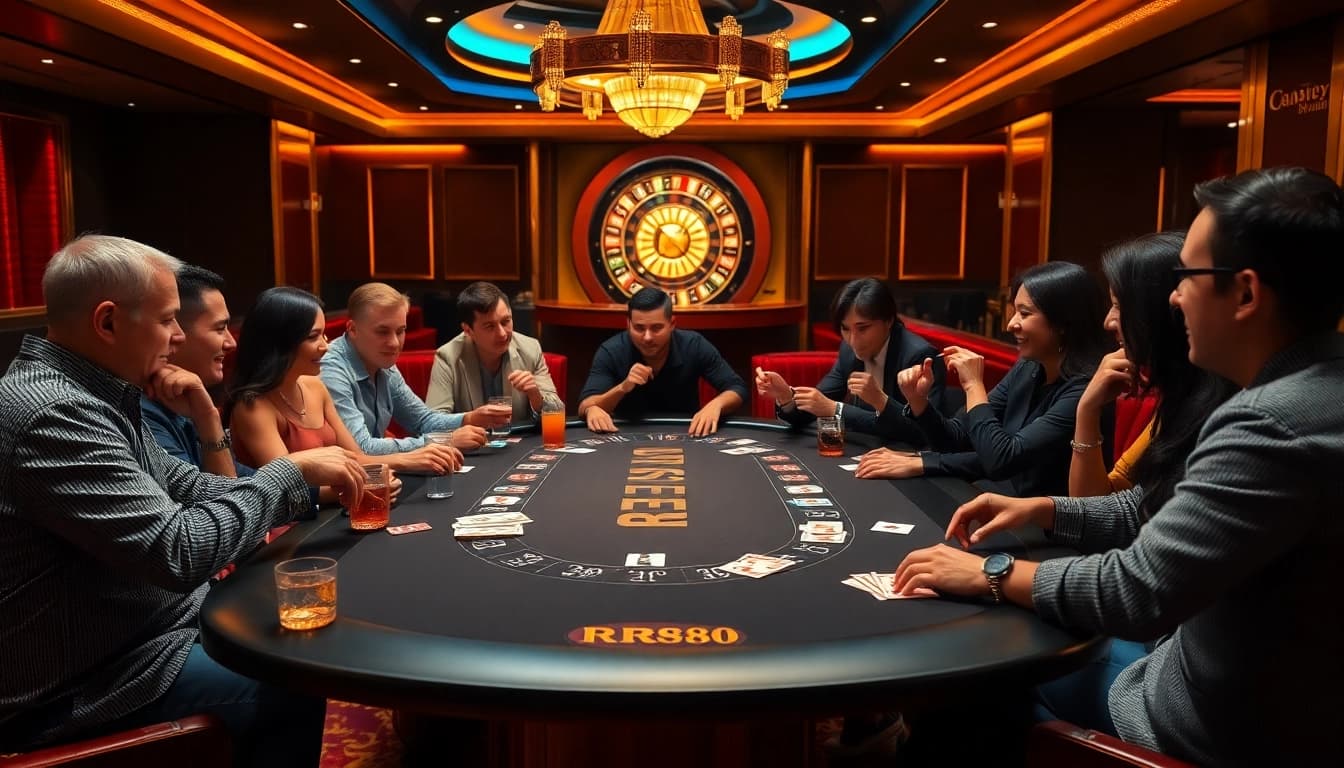 RR88 gaming table scenario with enthusiastic players, poker chips, and cards.