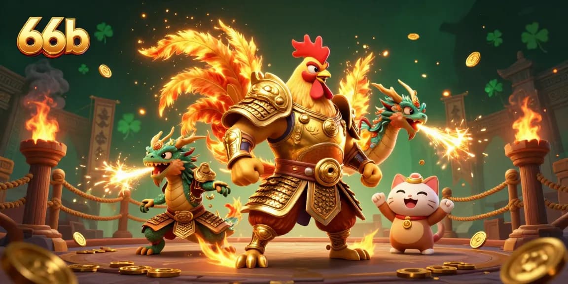 Engage with 66b's vibrant casino illustration featuring a rooster warrior, dragon hatchling, and excitement!