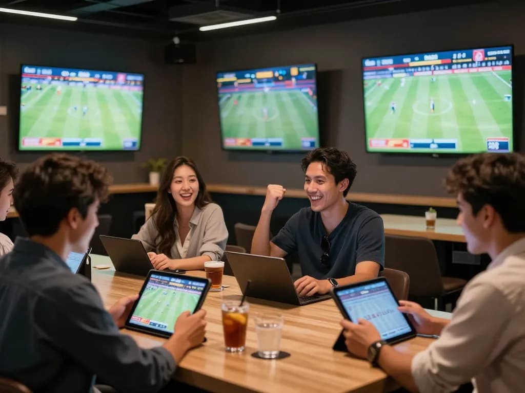 Engaged bettors using fb88 for live sports betting in a modern lounge setting, showcasing the thrill of wagering.